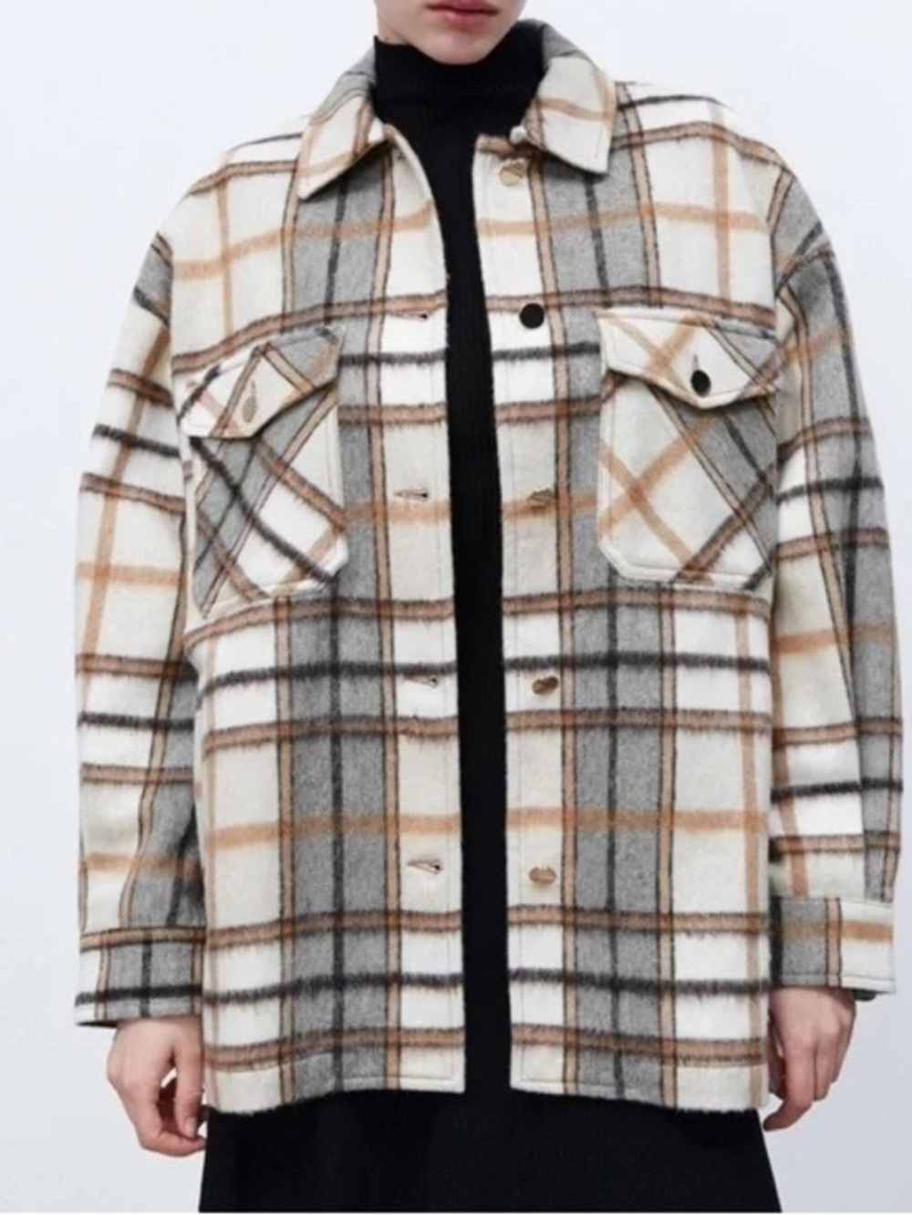 Zara Plaid Button-Front Shacket in Cream, Tan & Gray